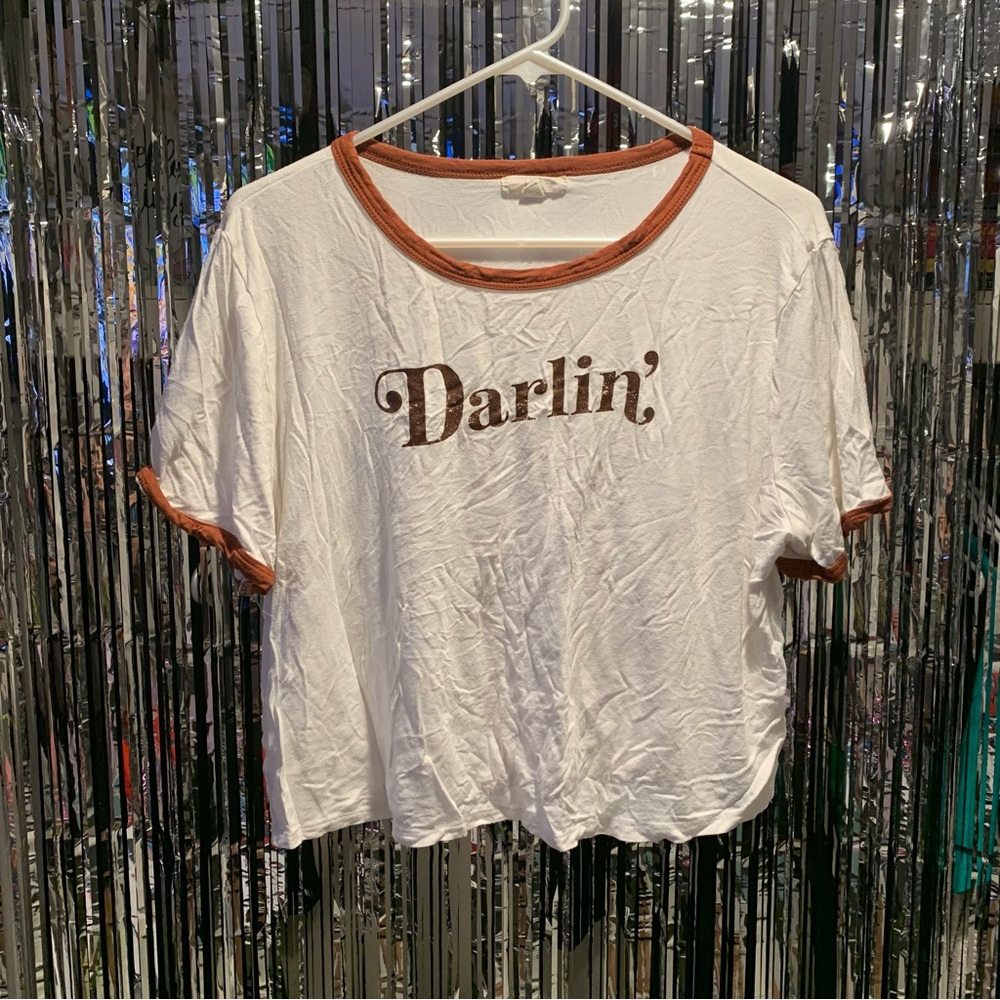 Q&A White Crop Top w/ Glitter Brown Letters Size XL